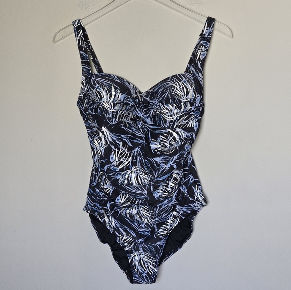 NipTuck Tummy Control Palm Foil Ruched Front Tropical Print One-Piece Swimsuit 8 - Picture 2 of 12